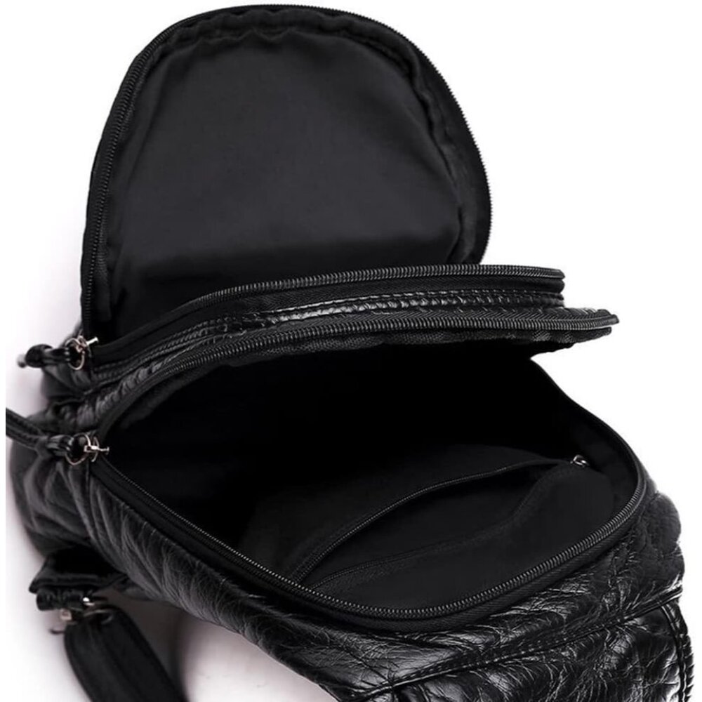 Women's Black Red Flower Soft Pu Leather Purse Chest Packs Travel Bag Backpack - Picture 6 of 6